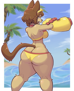 anthro big_breasts big_butt bikini breasts brown_body brown_hair butt clothed clothing detailed_background eyewear female fur goggles hair looking_back sky solo swimwear tail thick_thighs topwear tuft two-piece_swimsuit underwear whiskers wide_hips smoothymilk gameoverse glitch_productions kit_bodega felid feline felis mammal absurd_res digital_media_(artwork) hi_res