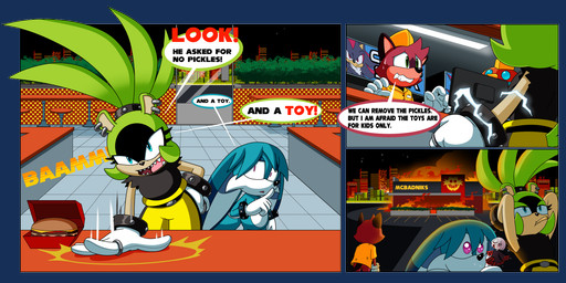 anthro burger burning_building city city_background dialogue female food fries male restaurant speech_bubble text toy lordstevie asked_for_no_pickles idw_publishing sega sonic_frontiers sonic_the_hedgehog_(comics) sonic_the_hedgehog_(idw) sonic_the_hedgehog_(series) the_murder_of_sonic_the_hedgehog barry_(sonic) kitsunami_the_fennec sage_(sonic) surge_the_tenrec afrosoricid canid canine fennec_fox fox mammal tenrec true_fox alpha_channel english_text