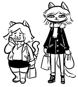accessory anthro bottomwear clothing coat duo female footwear fur_collar hair_accessory hairclip holding_object jacket jewelry necklace scarf shoes skirt smile tail topwear newtype_hero unnamed_character domestic_cat felid feline felis mammal black_and_white low_res monochrome sketch