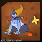 anthro anthrofied big_breasts breasts clothing cornucopia female food fruit grape holidays plant pokemorph pumpkin slightly_chubby solo thick_thighs underwear puppeon nintendo pokemon thanksgiving pup_(puppeon) canid canine generation_4_pokemon luxio mammal pokemon_(species) 1:1 absurd_res hi_res