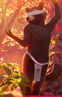 anthro balls blindfold bottomwear brown_body brown_fur clothed clothing forest fur genitals holding_object ineffective_clothing loincloth loincloth_only male outside partially_submerged penis plant solo standing topless topless_anthro topless_male translucent translucent_clothing translucent_loincloth tree water sidekick guardians_of_the_galaxy marvel rocket_raccoon mammal procyonid raccoon digital_media_(artwork) hi_res