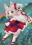 alternative_fashion anthro asian_clothing black_nose blush clothing east_asian_clothing female fingerpads grass j-fashion japanese_clothing lolita_(fashion) miko_outfit open_mouth outside pawpads plant purple_eyes ribbons solo wa_lolita whiskers tetetor-oort canid canine fox mammal 2021 hi_res