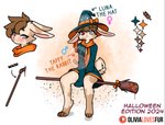 big_ears clothing duo ears_down female hat headgear headwear magic_user male male/female multicolored_eyes pivoted_ears smile smiling_at_viewer spots tail text witch witch_costume witch_hat olivialovesfur lagomorph leporid mammal rabbit english_text hi_res