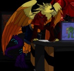 anthro beak breasts clothing desk feathered_wings feathers female furniture futuristic non-mammal_breasts solo table tail wings bleuhawke mythology avian gryphon mythological_avian mythological_creature source_request