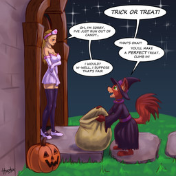 anthro blonde_hair clothed clothing duo female female/female food fruit hair holidays jack-o'-lantern nurse_clothing nurse_uniform plant pumpkin sack simple_background star tail text trick-or-treating uniform witch_costume hunnter blizzard_entertainment halloween warcraft vicky_the_vulpera canid canine fox human mammal vulpera 1:1 digital_media_(artwork) english_text hi_res