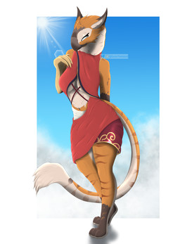 anthro beak breasts clothed clothed_anthro clothed_female clothing cloud crop_top digitigrade dress female female_anthro geometric_background leg_markings looking_at_viewer looking_back looking_back_at_viewer markings midriff navel pose red_clothing red_dress shirt sideless_clothing sideless_dress simple_background sky socks_(marking) solo standing tail tail_tuft text topwear tuft under_boob dexterthederg mythology pickit avian bird gryphon mythological_avian mythological_creature artist_name digital_media_(artwork) digital_painting_(artwork) english_text hi_res painting_(artwork) shaded soft_shading