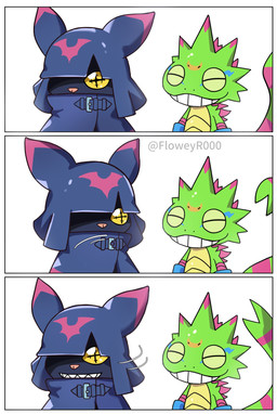 anthro black_body black_fur cloak clothing cowl duo fur green_body grin male sharp_teeth simple_background smile tail teeth white_background yellow_eyes floweyr000 bandai_namco digimon digimon_beatbreak chiropmon digimon_(species) gekkomon scalie comic hi_res