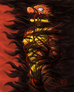 abs anthro arms_tied bdsm blonde_eyebrows blue_eyes bodily_fluids bondage bound bulge cheek_tuft covering eyebrows eyelashes facial_tuft fully_bound fur gag gagged hands_behind_back kidnapping legs_tied looking_back male muffled multicolored_body multicolored_fur multicolored_scales muscular muscular_anthro muscular_male neck_tied nipples nude nude_anthro nude_male open_mouth orange_body orange_fur orange_scales partially_submerged pink_nipples restrained restraints scales solo standing submissive submissive_anthro submissive_male tears teeth tuft worried yellow_body yellow_fur yellow_scales moire_dragon mythology moire_(moire_dragon) dragon furred_dragon furred_scalie mythological_creature mythological_scalie scalie hi_res