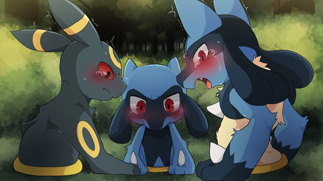 2_missing_limbs ambiguous_gender anthro blush bodily_fluids cute_fangs detailed_background fangs feral group male male_focus missing_lower_body open_mouth outside portal portal_ring red_eyes stuck stuck_in_ground sweat tears teeth young young_ambiguous young_anthro dagasi nintendo pokemon eeveelution generation_2_pokemon generation_4_pokemon lucario pokemon_(species) riolu umbreon 16:9 hi_res widescreen male_(lore)