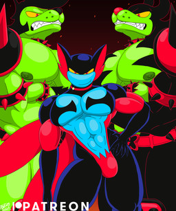 abs anthro athletic athletic_anthro athletic_male big_muscles big_pecs black_hair blue_body bulge clothing cocked_hip collar duo eyebrows green_body green_nipples grin group hair hand_on_hip looking_at_viewer looking_up male male/male muscular muscular_humanoid muscular_male nipples pecs pompadour red_eyes sharp_teeth smile smiling_at_viewer smug solo spandex spiked_collar spikes teeth text thick_eyebrows tight_clothing trio yellow_sclera pizzaozzy kings_of_hell jr._(kings_of_hell) lutin_lucifer split_(kings_of_hell) canid canine canis demon domestic_dog humanoid mammal hi_res brother_(lore) brothers_(lore) incest_(lore) sibling_(lore) twincest_(lore) twins_(lore)