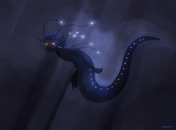 anthro bioluminescence black_sclera blue_body blue_scales blue_skin dark gills glowing hair long_tail male membrane_(anatomy) nude scales shadow silhouette solo tail underwater water webbed_hands yellow_eyes gemskull atlus megami_tensei mythology persona_(series) persona_4 sega yu_narukami aquatic dragon hybrid monster mythological_creature mythological_scalie reptile scalie snake