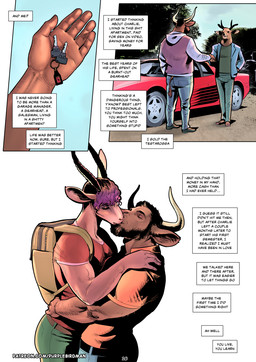 antelope_horn anthro beard bovid_horn car car_keys clothed clothing duo facial_hair gazelle_horn hair horn hug kiss_on_lips kissing larger_male male muscular muscular_anthro muscular_arms muscular_male profanity size_difference sports_car tall text text_box vehicle purplebirdman ferrari_testarossa charlie_(purplebirdman) josh_(purplebirdman) antelope bovid bovine cattle deer gazelle mammal comic english_text