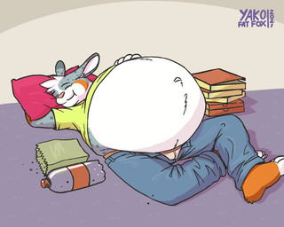 anthro belly big_belly bloated box container eyes_closed fur fur_markings hand_on_belly huge_belly hyper hyper_belly male markings navel overweight pillow pizza_box simple_background sleeping solo text visible_underwear voretoq_(yako) lagomorph leporid mammal rabbit 2021 artist_name