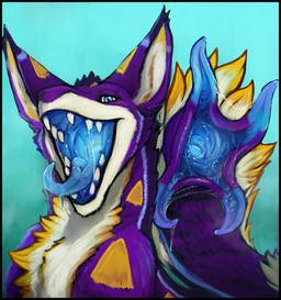 black_border blue_eyes blue_tongue bodily_fluids border cheek_tuft chest_tuft detailed_mouth facial_tuft fangs fur glistening glistening_eyes head_tuft looking_at_viewer male mouth_shot narrowed_eyes open_mouth purple_body purple_fur saliva saliva_on_tongue saliva_string simple_background solo tail tail_mouth teeth tongue tuft unsigned unusual_anatomy unusual_tail white_body white_fur yellow_body yellow_fur acidic zorgoia bust_portrait hi_res portrait