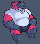 anthro barazoku barefoot big_pecs clothing feet gills happy male musclegut muscular pecs shirt simple_background slightly_chubby solo t-shirt topwear blkmnstrr fish marine monster salmon salmonid_(fish) scalie hi_res