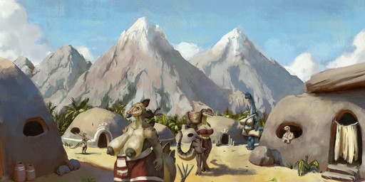 5_fingers anthro areola big_breasts blue_body blue_sky breasts brown_body brown_eyes building clothed clothing cloud digitigrade female fingers group house long_neck mountain mouth_closed nipples one_breast_out open_mouth outside size_difference sky standing tan_breasts topless unsigned village upai dinosaur prehistoric_species reptile scalie absurd_res hi_res