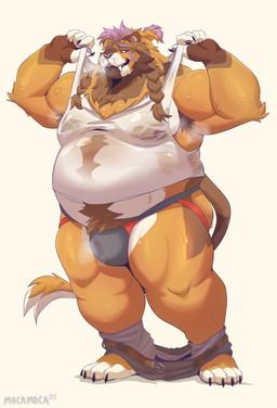 anthro armpit_hair belt biceps bodily_fluids body_hair bottomwear bottomwear_down braided_hair bulge clothed clothing clothing_lift facial_piercing flexing flexing_bicep hair happy_trail jockstrap male moobs musclegut muscular muscular_anthro muscular_male musk nose_piercing nose_ring open_belt overweight overweight_anthro overweight_male pants pants_down partially_clothed pecs piercing ponytail ring_piercing septum_piercing septum_ring shirt solo standing sweat sweatdrop sweaty_body tail tank_top topwear translucent translucent_clothing translucent_topwear underwear wet wet_clothing mocamoca toffee_(mocamoca) felid lion mammal pantherine 2025 absurd_res hi_res