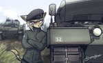 beret blind_eye blonde_hair brown_body brown_fur clothed clothing crossed_arms female fully_clothed fur hair hair_over_eye hat headgear headwear leopard_2 leopard_2a5 one_eye_obstructed outside red_eyes scar solo standing tan_body tan_fur tank vehicle endjfcar chloe_(hunglee) felid leopard mammal pantherine 2018 hi_res