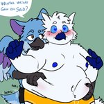 anthro belly_grab blue_body blue_feathers blush clothing dialogue_box duo ear_piercing feathers heart_eyes heart_symbol male male/male moobs navel obese obese_male overweight overweight_male piercing underwear white_body white_feathers lobi_top mythology frost_(coffeequasar) kath_(kathgryph) avian bird gryphon horned_owl mythological_avian mythological_creature owl snowy_owl true_owl absurd_res hi_res