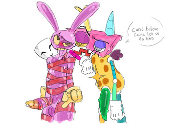 ambiguous_gender anthro bound colorful_body dialogue female group male purple_body red_body ribbons speech_bubble text toy trio anonymous_artist glitch_productions the_amazing_digital_circus gangle_(tadc) jax_(tadc) zooble_(tadc) lagomorph leporid mammal rabbit absurd_res english_text hi_res nonbinary_(lore)