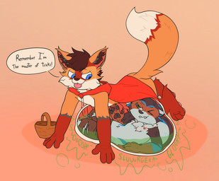 abdominal_bulge anthro basket belly blep blue_body blue_eyes blue_fur bodily_fluids brown_hair cloak clothing container costume dialogue digestion digestion_noises digestive_fluids digestive_juice duo fur green_eyes grey_body grey_fur hair halloween_costume halloween_themed holidays internal lying male male/male melting melty_digestion mischievous mischievous_smile on_front oral_vore orange_body orange_fur organs pawpads paws red_body red_fur rumbling_stomach same_size_vore soft_vore speech_bubble stomach stomach_acid tail teeth text thief tongue tongue_out trick tricked unwilling_prey vore white_body white_fur willing_pred xodystormyy fairy_tales halloween little_red_riding_hood_(copyright) ferox_(feroxdoon) little_red_riding_hood pala_(feroxdoon) canid canine fox mammal mustelid musteline red_fox true_fox true_musteline weasel english_text hi_res nonbinary_(lore)