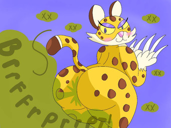 anthro big_butt blush brown_body brown_ears brown_fur brown_tail butt claws dipstick_tail eyelashes eyeshadow fart fart_cloud fart_fetish female fur green_fart_cloud huge_butt looking_back makeup markings multicolored_body multicolored_fur pink_nose purple_background purple_eyes purple_eyeshadow simple_background solo spots spotted_body spotted_fur spotted_markings spotted_tail tail tail_markings tan_body tan_fur tan_inner_ear thick_thighs wide_hips yellow_body yellow_fur yellow_sclera yellow_tail umbrecrazy kirby_(series) kirby_and_the_forgotten_land nintendo clawroline felid leopard mammal pantherine 2022 4:3