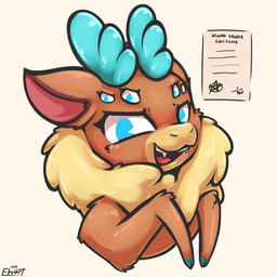 alternate_species antlers blue_antlers blue_eyes brown_body brown_fur cloven_hooves countershade_fur countershading fangs female feral fur hooves horn looking_at_viewer multi_eye simple_background solo tan_background teeth toony yellow_body yellow_fur ebvert them's_fightin'_herds velvet_reindeer_(tfh) arachnid arthropod deer hybrid mammal new_world_deer reindeer spider 1:1 2023 digital_media_(artwork) half-length_portrait hi_res portrait signature