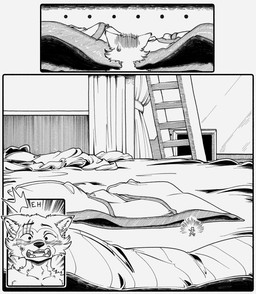 anthro bed bedroom blush boxers_(clothing) clothing eye_scar facial_scar fangs furniture ladder male micro micro_male nude on_bed scar scratches shocked shrinking_out_of_clothes shrunk size_transformation solo teeth transformation underwear emmacat64 beastars legoshi_(beastars) canid canine canis mammal wolf 2026 black_and_white comic greyscale hi_res monochrome