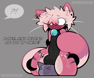 >w< anthro asking_for_help bell bell_collar black_bodysuit black_clothing black_skinsuit blush bodily_fluids bodysuit bulge caught_in_the_act clothed clothed_anthro clothed_male clothing collar duo embarrassed femboy fur grey_background interrobang kneeling male male/male markings offscreen_character piercing pink_body pink_fur plushie restrained restrained_by_tentacles roommate simple_background skimpy skinsuit spots spotted_body spotted_fur striped_body striped_fur stripes sweat sweatdrop tan_body tan_fur tentacles tentacles_around_arms tentacles_on_male text tight_clothing walk-in whiskers white_text purrmaxxing glue_(purrmaxxing) domestic_cat felid feline felis mammal 2025 artist_name english_text hi_res