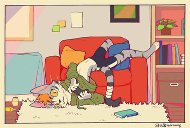 ambiguous_gender anthro barefoot book bottomwear clothing countershade_torso countershading digitigrade feet fur furniture gaming green_clothing green_hoodie green_topwear grey_body grey_fur hair hoodie inside lying midriff orange_eyes orange_hair pillow plant plant_pot playing_video_game potted_plant pupils rug shorts slit_pupils sofa solo striped_body striped_fur stripes topwear whiskers hydrowing wing_(hydrowing) felid feline mammal signature agender_(lore)