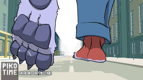 3_toes 4_toes ambiguous_gender anthro barefoot blue_body bottomwear building city claws clothed clothing duo feet foot_focus fur macro male orange_body outside pants pawpads paws plantigrade purple_body red_body soles stomping street text toe_claws toes walking pikotime cirez canid canine canis fox mammal wolf 16:9 animated digital_media_(artwork) url widescreen