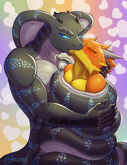 2_horns 5_fingers anthro black_body black_scales black_tail blonde_eyebrows blue_eyes blue_sclera blush bound cheek_tuft claws coiling dominant dominant_anthro dominant_male duo eyebrows eyes_closed facial_tuft finger_claws fingers fully_bound fur grey_body grey_scales grey_tail hair half-closed_eyes heart_symbol horn kissing larger_dom larger_male logo male male/male multicolored_body multicolored_fur multicolored_scales multicolored_tail muscular muscular_anthro muscular_male narrowed_eyes nude nude_anthro nude_male orange_body orange_fur orange_hair orange_scales restrained scales simple_background size_difference smaller_anthro smaller_male spikes spikes_(anatomy) submissive submissive_anthro submissive_male tail tuft yellow_body yellow_fur yellow_scales moire_dragon mythology moire_(moire_dragon) sephos_(twistedsnakes) dragon furred_dragon furred_scalie mythological_creature mythological_scalie reptile scalie snake wingless_dragon artist_logo hi_res