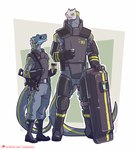 ambiguous_gender anthro armor ballistic_shield beverage black_sclera blue_body boots bottomwear clothed clothing duo footwear gloves gun handwear male pants patreon_logo ranged_weapon red_sclera shield shoes text weapon darbaras patreon lizard reptile scalie 2022 colored hi_res url