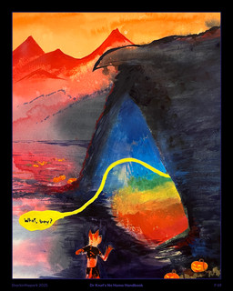 5_fingers black_border border cave clothing dialogue fingers food fruit glowing jack-o'-lantern male mountain offscreen_character plant pumpkin rainbow_colors solo speech_bubble spikes spikes_(anatomy) text torn_clothing sharkinthepark rowel_(sharkinthepark) canid canine fox mammal 2025 4:5 absurd_res comic english_text hi_res