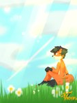 aircraft airplane anthro black_body black_fur cloud detailed_background ears_back flower fur grass hill light male meadow open_mouth orange_body orange_fur pivoted_ears plant sky skyscape solo sun tail vehicle white_body white_fur soy4nima arthropod beetle canid canine cucujoid fox insect ladybug mammal 3:4 hi_res
