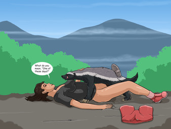 barely_visible_genitalia barely_visible_penis bestiality black_body black_fur black_hair bottomless bottomless_female bottomless_human breasts claws clothed clothed_sex clothing cloud dialogue discarded_bottomwear discarded_clothing discarded_pants duo female female_human female_penetrated feral feral_penetrating feral_penetrating_human footwear from_front_position fur genitals grey_body grey_fur hair hairy_vulva human_on_feral human_penetrated interspecies larger_female larger_human licking licking_lips lying male male/female male_feral male_penetrating male_penetrating_female missionary_position on_back outside penetration penile penile_penetration penis penis_in_vagina pubes sex shirt shoes short_tail size_difference smaller_feral smaller_male snout speech_bubble tail text tongue tongue_out topwear vaginal vaginal_penetration whiskers strega mdogo badger honey_badger human mammal mustelid musteline english_text hi_res