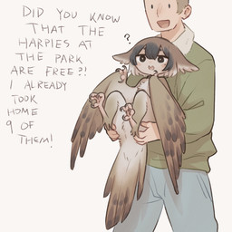 bird_legs black_eyes bottomwear brown_body brown_feathers brown_hair chest_tuft circle_eyebrows clothing confusion denim denim_bottomwear denim_clothing dialogue duo eyebrows feathers featureless_crotch feet feet_up female female_humanoid fluffy fluffy_chest green_clothing green_jacket green_topwear hair holding_another holding_butt humor jacket jeans larger_human larger_male leg_tuft legs_up male male/female male_human markings mole_(marking) mole_under_eye monster_girl_(genre) multicolored_body multicolored_feathers multicolored_hair nude open_mouth pants pupils question_mark size_difference smaller_female smaller_humanoid smile spots spotted_body spotted_feathers standing tail tail_feathers talon_hands talons text toes topwear tuft white_body white_feathers white_pupils winged_arms wings tateoftot european_mythology greek_mythology mythology animal_humanoid avian avian_humanoid bird harpy human humanoid mammal mythological_avian mythological_creature oscine passerine sparrow 1:1 english_text hi_res