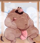 anthro beard belly black_beard black_facial_hair bodily_fluids brown_body brown_fur facial_hair flaccid fur genitals horn male nipples nude overweight overweight_anthro overweight_male penis pink_balls pink_nipples pink_penis sauna sitting solo steam sweat juicestandmango mango_(juicestandmango) bovid bovine cattle mammal hi_res