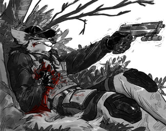 anthro battle blood bodily_fluids clothed clothing fight gun holding_object holding_weapon male military military_uniform ranged_weapon simple_background soldier solo uniform warrior weapon wound_on_chest wounded elvirarecrud canid canine canis iberian_wolf mammal wolf greyscale hi_res monochrome
