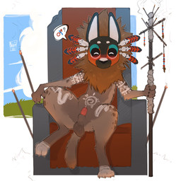 4_toes 5_fingers animal_genitalia anthro balls biped black_claws blush bodily_fluids brown_body brown_fur chair claws digitigrade erection eyes_closed feet female_symbol finger_claws fingers front_view fur furniture gender_symbol gender_symbol_penetration genital_fluids genitals hidden_face holding_object holding_staff lewd_symbolism lipsticking loose_feather male male_anthro male_symbol markings mask mask_only nude nude_anthro nude_male on_chair penis penis_tip precum precum_bead red_penis saggy_balls sheath sitting sitting_on_chair sitting_on_throne solo speech_bubble spread_legs spreading staff symbol tail thick_thighs throne toe_claws toes tribal tribal_markings oxfort2199 hyena mammal 1:1 2025 absurd_res digital_drawing_(artwork) digital_media_(artwork) full-length_portrait hi_res pictographics portrait