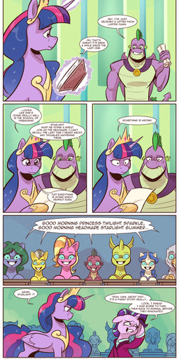 anthro bodily_fluids book classroom clothed clothing feathered_wings feathers female feral group horn larger_female letter magic male mind_control muscular muscular_male school scroll size_difference smaller_female sweat tail text wings saturdaymorningproj friendship_is_magic hasbro my_little_pony mythology luster_dawn_(mlp) queen_twilight_(mlp) spike_(mlp) starlight_glimmer_(mlp) twilight_sparkle_(mlp) avian dragon equid equine mammal mythological_creature mythological_equine mythological_scalie scalie unicorn winged_unicorn 2020 absurd_res comic english_text hi_res url