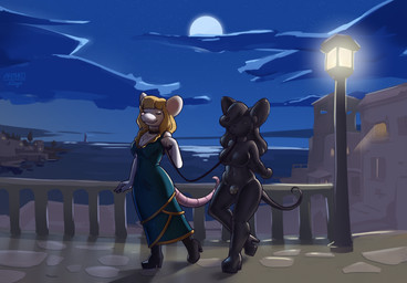 anthro arms_tied blonde_hair bound building clothing collar detailed_background dress duo female footwear gynomorph hair high_heels intersex latex latex_clothing latex_skinsuit leash lock_bulge moon night outside plant shoes skinsuit smile street_lamp tail tight_clothing tree water anthromage alice_mysz mammal mouse murid murine rodent 2026 digital_media_(artwork) hi_res