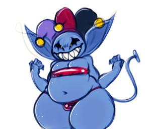 bandeau bulge clothing hat headgear headwear jester looking_at_viewer male not_furry overweight overweight_male sharp_teeth shortstack shortstack_male simple_background smile solo teeth thick_thighs thong topwear underwear white_background wide_hips trashdrawy deltarune undertale_(series) jevil_(deltarune) darkner humanoid imp 2019 digital_media_(artwork) hi_res sketch