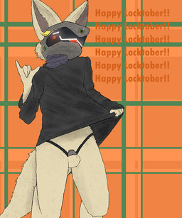 4_fingers anthro big_ears blep blush blush_lines bottomless chastity_belt chastity_cage chastity_device chastity_strap clothed clothing clothing_lift digitigrade eyes_closed fingers flat_chastity_cage fur gesture hand_gesture head_gear hoodie hoodie_only machine male orange_background post-it_note protogen_visor screen screen_face simple_background solo standing tail tan_body tan_fur text tongue tongue_out topwear topwear_only wire twtastic locktober canid canine fennec_fox fox humanoid mammal protogen true_fox 5:6 hi_res