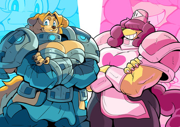 anthro armor blue_clothing breastplate breasts claws cleavage clothed clothing crossed_arms female finger_claws fur grin hair hair_over_eyes knight muscular muscular_anthro muscular_arms muscular_female paladin pauldron pink_clothing smile solo tan_body tan_fur warrior ceehaz dog_knight_rpg super_lesbian_animal_rpg holly_(slarpg) jeane_(ceehaz) bird_dog canid canine canis domestic_dog golden_retriever herding_dog hunting_dog mammal pastoral_dog retriever sheepdog 2025 absurd_res hi_res