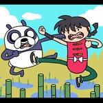 black_bars braided_hair braided_ponytail duo fight hair kick male open_mouth ponytail water wantafutoshi adventure_time cartoon_network ranma_1/2 genma_saotome ranma_saotome bear giant_panda human mammal 1:1 letterbox low_res