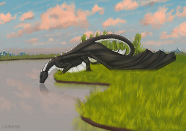 belly belly_expansion belly_on_ground big_belly black_body claws detailed_background drinking drinking_water expansion feral horn huge_belly inflation lake liquid_inflation male membrane_(anatomy) membranous_wings multicolored_body nature nature_background paws solo spikes tail text two_tone_body water_inflation wings lunhiss mythology dragon mythological_creature mythological_scalie scalie 2024 artist_name digital_drawing_(artwork) digital_media_(artwork) hi_res shaded widescreen