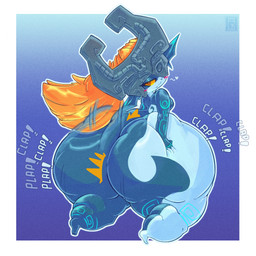 big_butt black_body black_ears black_skin blue_background blue_body blue_markings blue_skin border breasts butt butt_grab butt_squish clap_(sound_effect) eyelashes female floating fused_shadow grey_helmet hair hand_on_butt hand_on_own_butt huge_butt huge_thighs humanoid_pointy_ears hyper hyper_butt logo looking_at_viewer looking_back looking_back_at_viewer markings motion_blur motion_lines multicolored_body not_furry onomatopoeia orange_hair plap_(sound) pointy_ears red_eyes sharp_teeth shortstack shortstack_female simple_background small_breasts smile smiling_at_viewer snaggle_tooth solo sound_effects squish teeth text thick_thighs two_tone_body white_border yellow_sclera alesmadness nintendo the_legend_of_zelda twilight_princess midna humanoid imp twili 2026 absurd_res artist_logo colored digital_media_(artwork) hi_res shaded
