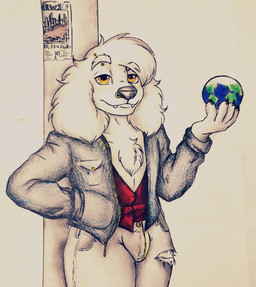 anthro black_nose bottomwear bulge clothing denim denim_bottomwear denim_clothing eyebrow_piercing facial_piercing fangs fur globe jacket jeans male pants piercing simple_background solo standing teeth topwear white_background white_body white_fur yellow_eyes bredlaybagordh canid canine canis domestic_dog mammal hi_res