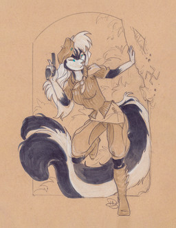 anthro blue_eyes boots clothing female fluffy fluffy_tail footwear gloves_(marking) gun hair handgun hat headgear headwear long_tail markings pistol ranged_weapon shoes solo tail weapon white_hair dhstein genevieve_d'argent mammal mephitid skunk hi_res